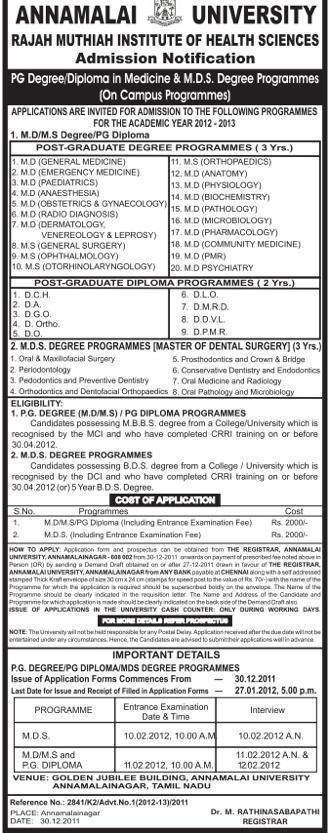 MD / MS Degree / PG Diploma courses of Rajah Muthiah Institute of Health Sciences, Annamalai University for the year 2012-13