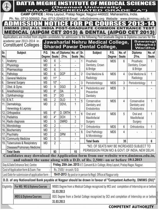 Datta Meghe Institute of Medical Sciences Entrance Exam on 25 Jan 2013