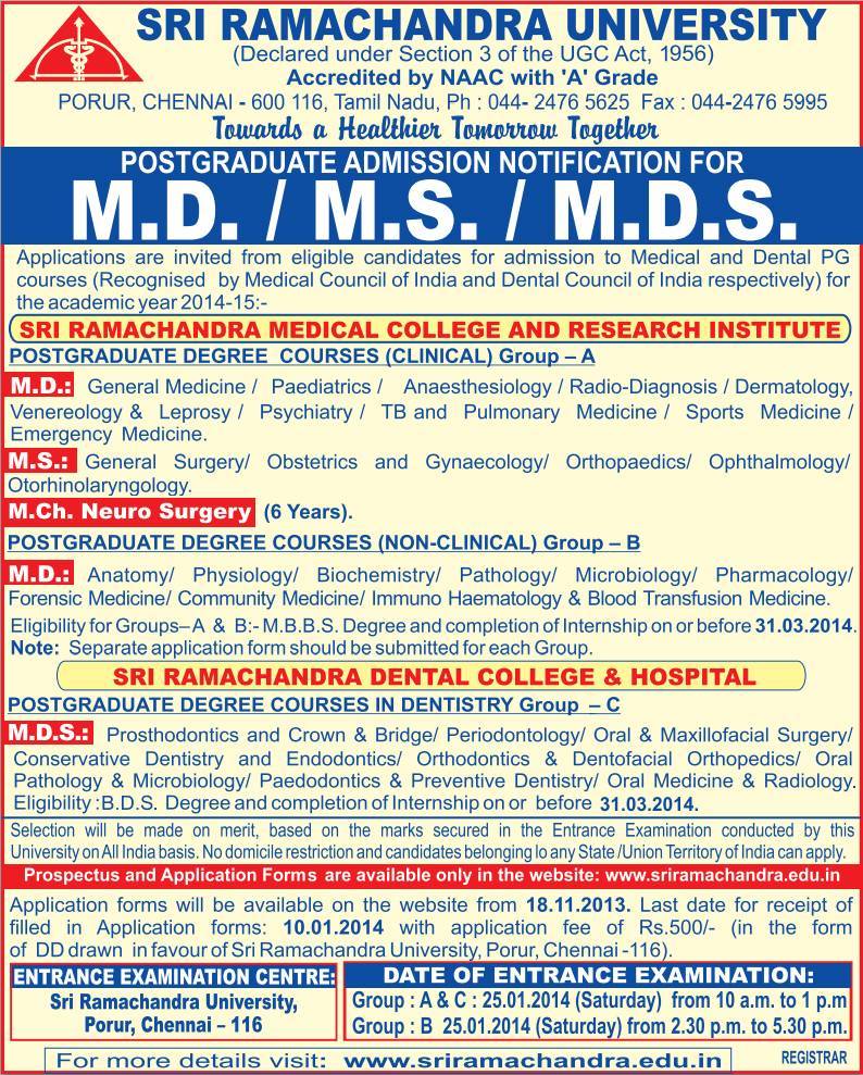 SRMU MD MS MCh NEURO SURGERY (6 Years) MDS DEGREE COURSES